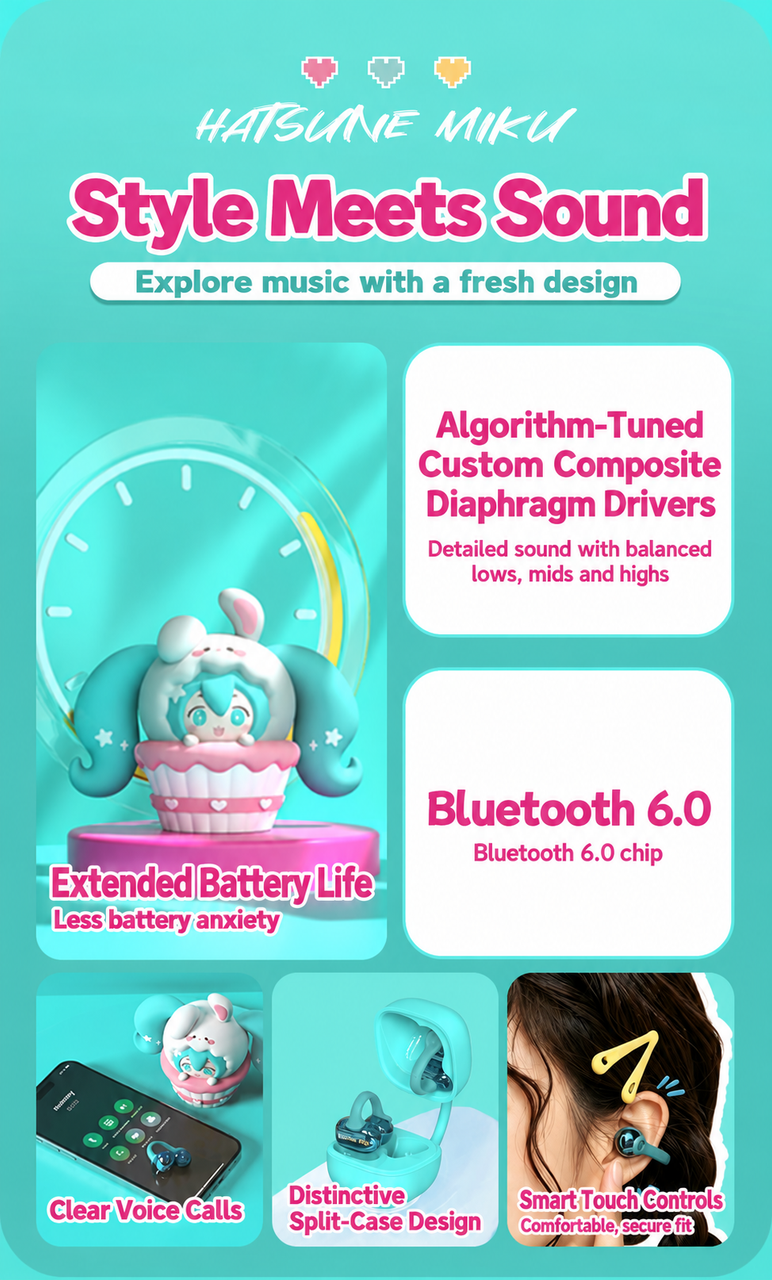 Bilibili × Luxub × 初音ミク カップケーキ型 イヤークリップ ワイヤレスイヤホン